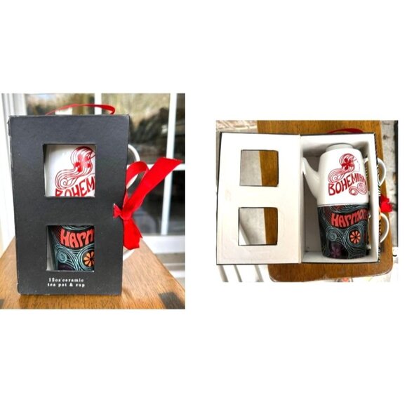 Tea for One Tea Pot Cup Set Stackable Bohemian Harmony Peace Gift Hippie Boxed - Picture 11 of 12